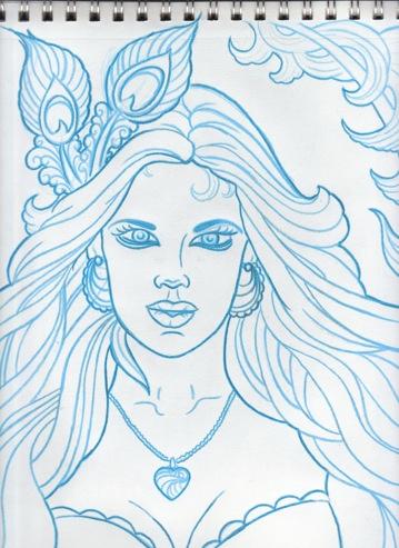 Tattoos - Blue Sketchbook Pinup Girl with Peacock Feathers and Heart Locket Tattoo Concept - 60616